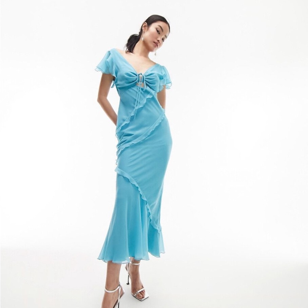 Topshop Sky Blue Midi Dress with Front Knot and Open Back